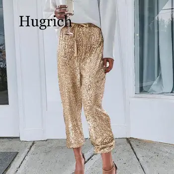 

Gold Sequin Shiny Wide Beam Leg Pants Women Casual Christmas Party Harem Sexy Pants High Waist Lace Up Trousers Streetwear Green