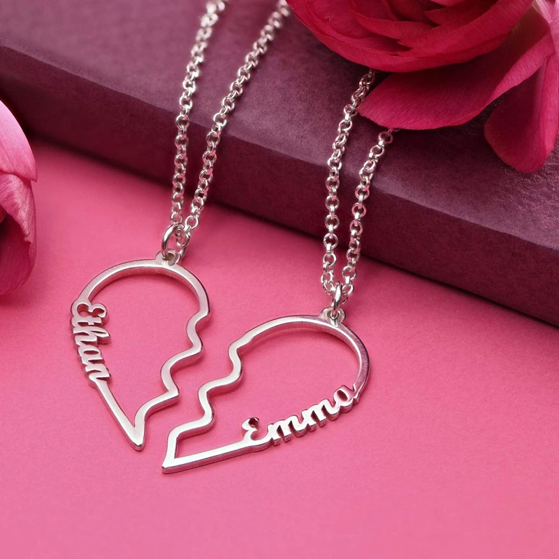 

Romantic Double Heart Necklace Set Custom Name Necklace Pendant Wedding Jewelry Stainless Steel Two Nameplate Love Choker