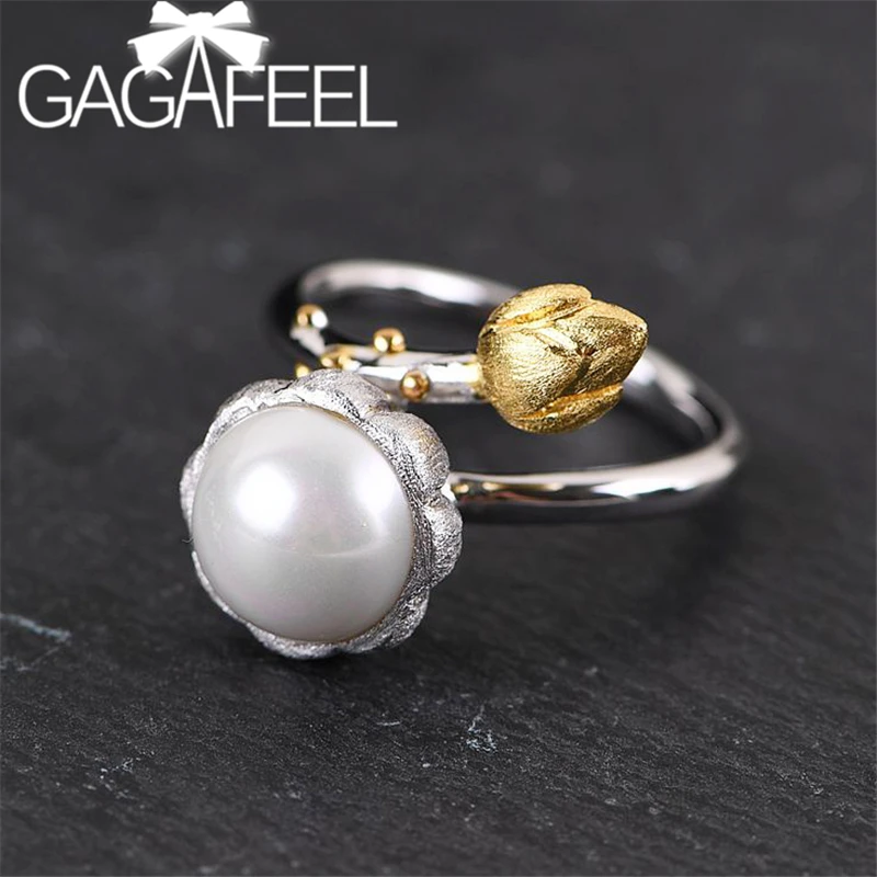 

GAGAFEEL Elegant Flower Bud Ring Inlaid Synthetic Shell Beads S925 Sterling Silver Adjustable Rings Vintage Thai Silver Jewelry