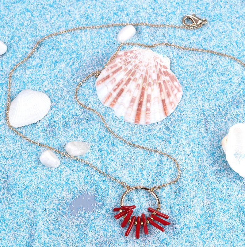 Bohemian Red Coral Halsketten für Frauen Vintage Halsband Shell Anhänger Erklärung Party Schmuck Stein Perle Kette Bohemian Red Coral Halsketten für Frauen Vi_voghion.com