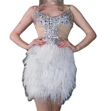 

Sleeveless Halter Women Net Yarn Perspective Dress White Feather Sparkling Rhinestones Short Dresses Nightclub Singer Dance Wear
