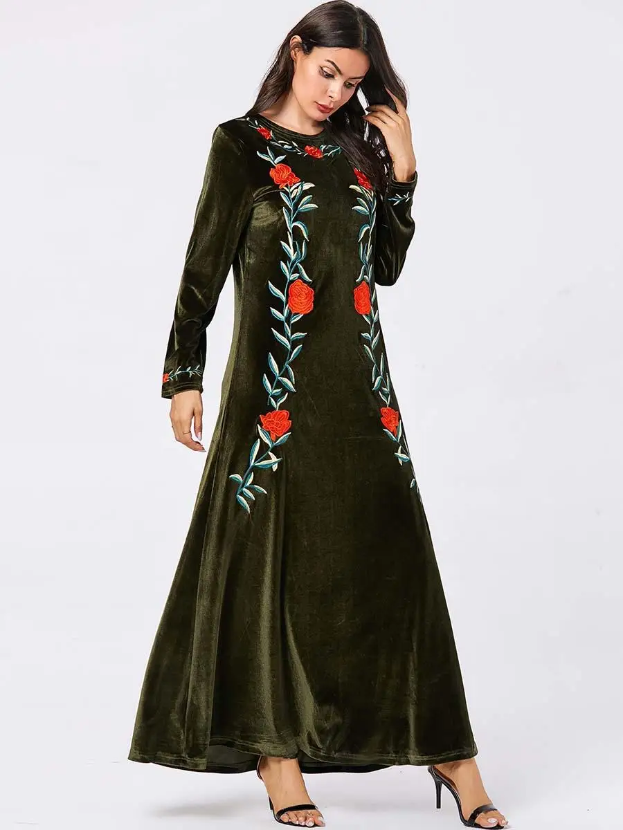 Винтажная Абая, для мусульман, женское платье, бархатное, зимнее, теплое, с вышивкой, кафтан, повседневное, свободное, jilбаб, ислам, платье из