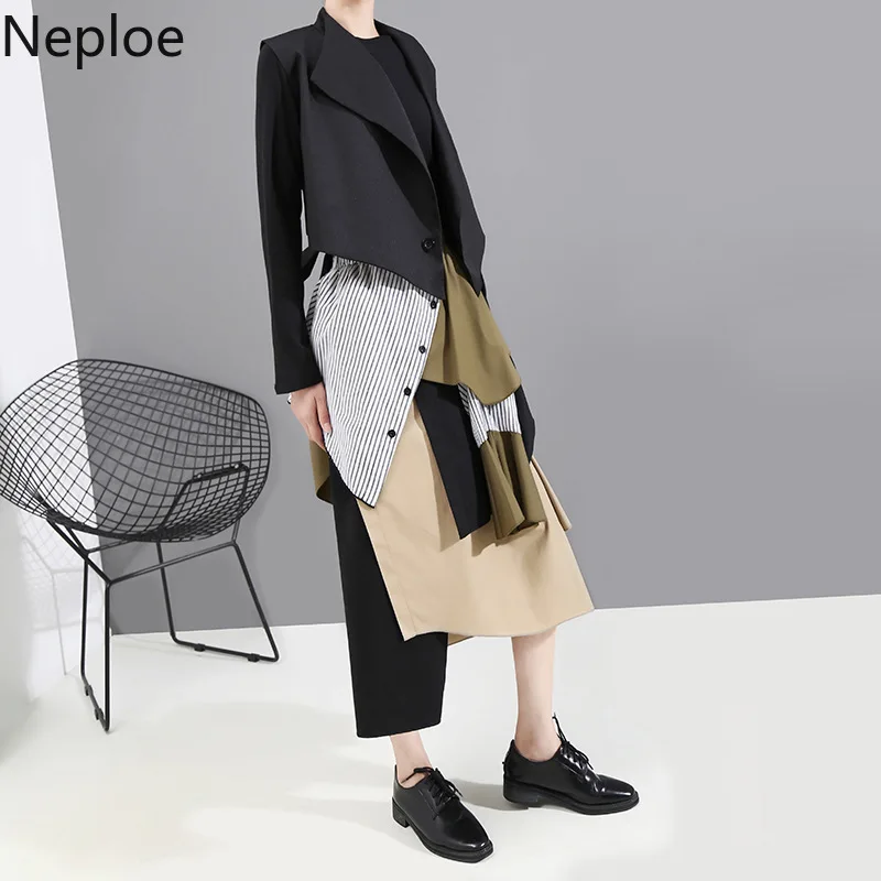 Neploe, модная Асимметричная юбка в стиле пэчворк, контрастный цвет, в полоску, на пуговицах, Jupe Femme, осень, весна, новинка, уличная одежда, Faldas 47622
