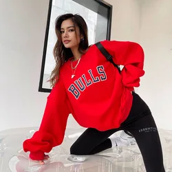 American Fashion Basketball Team Printing Red Sweatshirts For Women Loose Vintage Loose Pullover Thick Crewneck Autumn Jumper