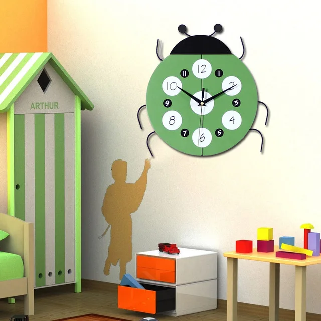 Настенные часы с мультяшным жуком для гостиной, креативные деревянные домашние часы с изображением божьей коровки и семи звезд, украшение детской комнаты, кварцевые часы