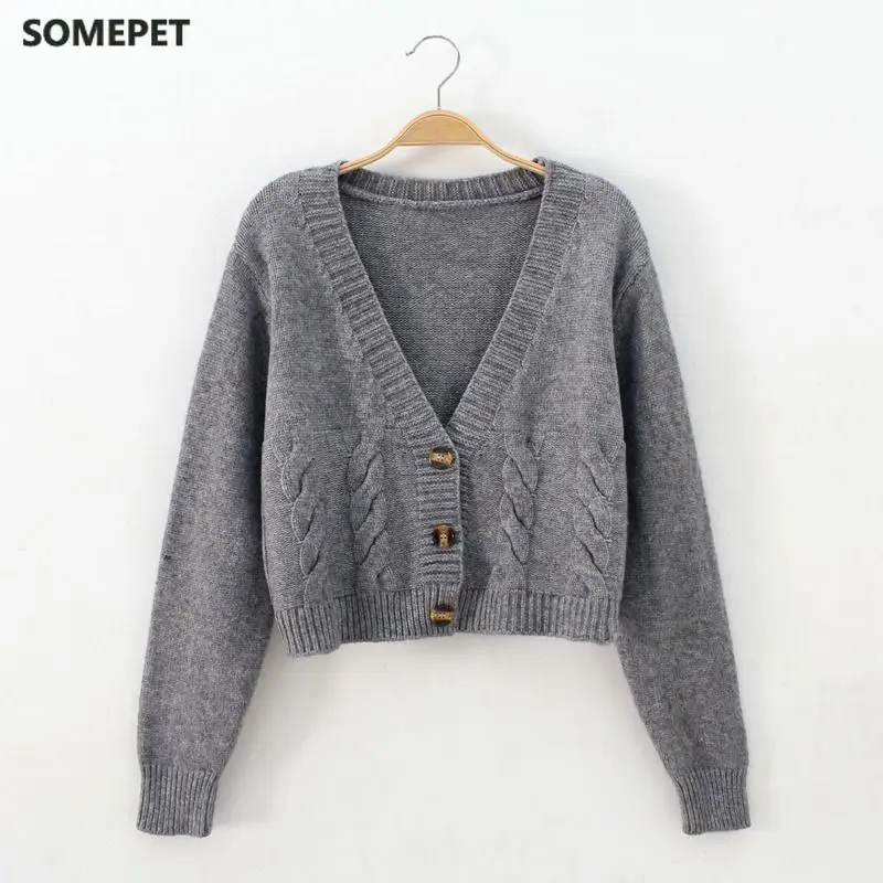 

Short High Waist Slim Cable V-neck Sweater Women Spring And Autumn New Single-breasted Knitted Cardigan Twist Small Jackets
