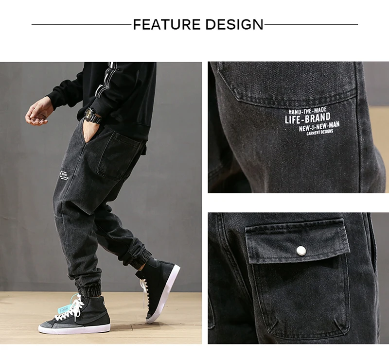 Модные уличные мужские джинсы, соединенные дизайнерские штаны-карго из денима, штаны-шаровары, узкие джинсы с принтом в стиле хип-хоп