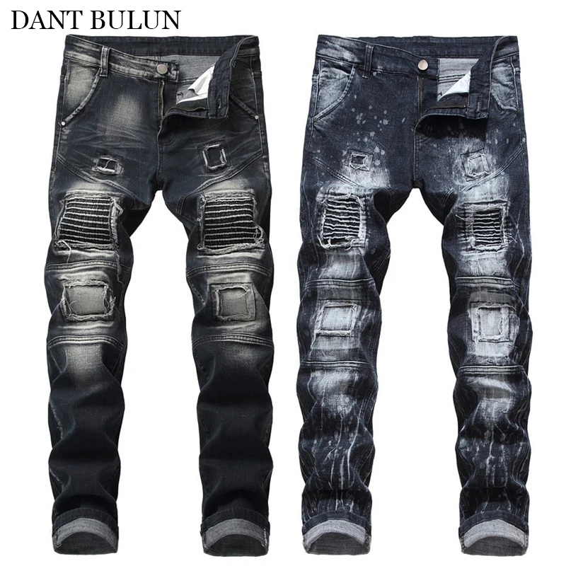 

Jeans For Men Ripped Embroidery Patch Pants Homme Pleated Skinny Biker Jean Streetwear Moto Spliced Elastic Trousers Denim Black