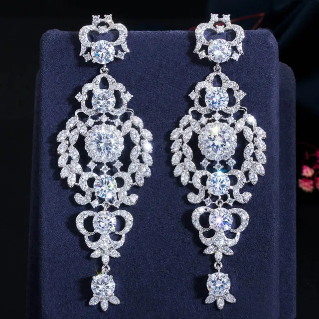 CWWZircons Luxury Cubic Zirconia Long Chandelier Drop Silver Wedding Earring for Women Bridal Party Costume Jewelry CZ651 silver