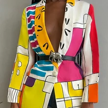 Blazer de manga larga para mujer, prenda de vestir Sexy, holgada, ajustada, con solapa, de Color Graffiti abstracto, sin cinturón, 2021