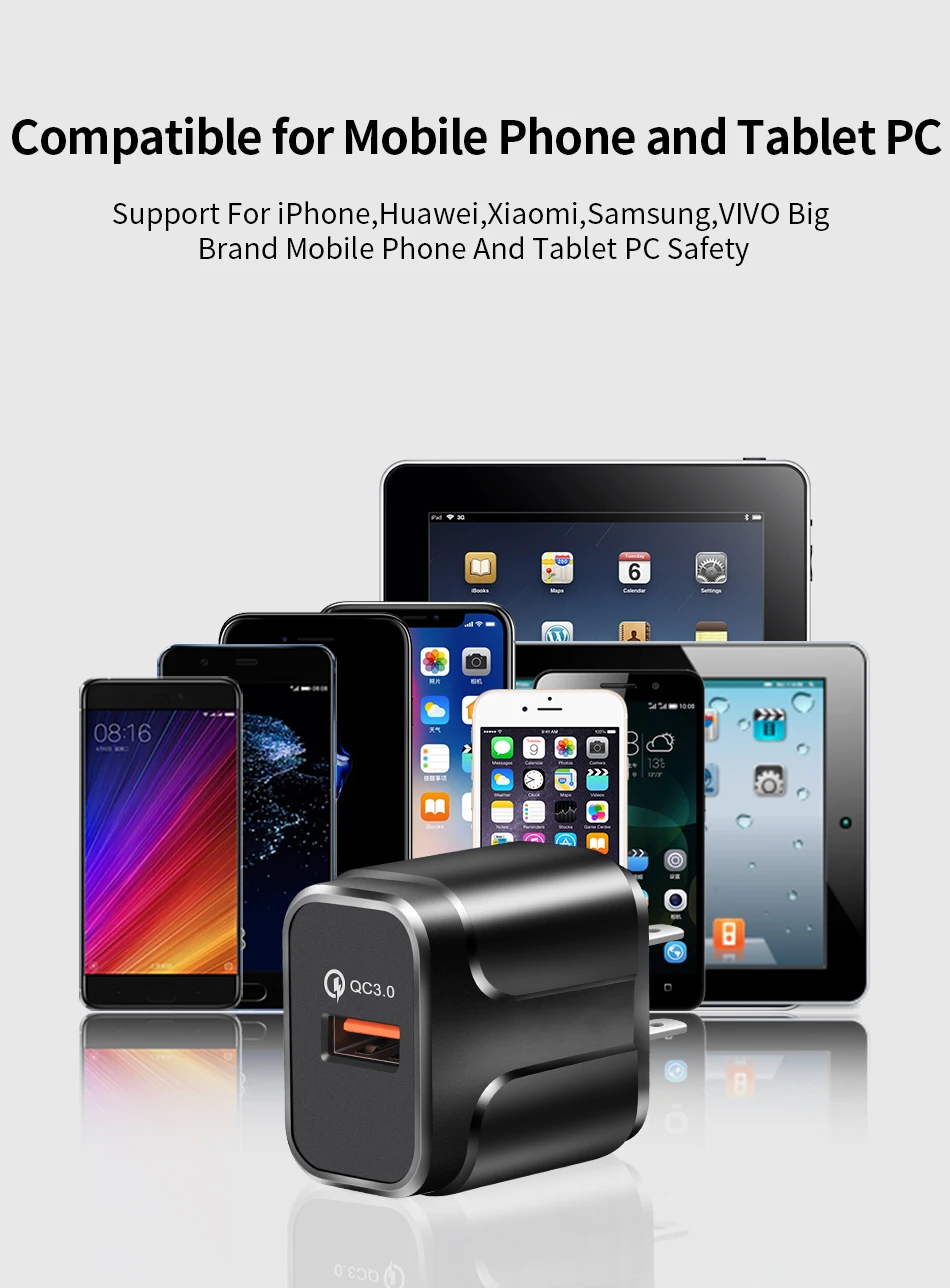 Штепсельная Вилка американского стандарта Quick Charge 3,0 USB Зарядное устройство QC3.0 кабель для быстрой зарядки USB для стены Зарядное устройство для iPhone samsung мобильного телефона Xiaomi Зарядное устройство 1USB