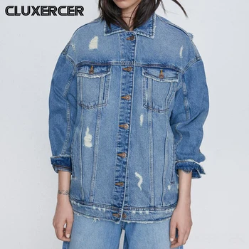 

Streetwear Fashion Frayed Hold Denim Jacket Women Spring Autumn Long Sleeve Tassel Jeans Coat Lady Casual Loose Outerwear