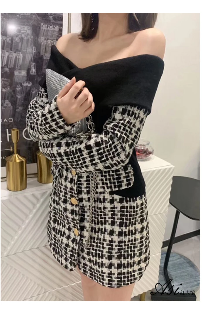 DEAT New Winter Slash Collar Full Sleeves Off Ther Shoulder Plaided Knits Spliced Woolen Single Breasted Dress 19G-a78-01