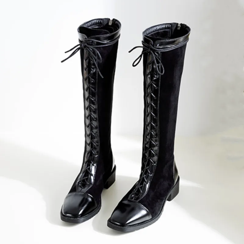 

Luxury Women Boots Mid-Calf Microfiber Lady Boot Cotton Fabric Fashion Leather Boot Square Toe Heel Plush Sewing Women's Boots