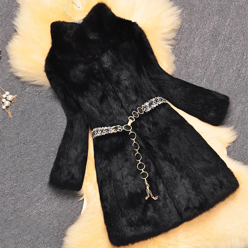 Whole skin real rabbit fur winter coat women long design stand collar warm natural fur jacket outerwear fashion overcoat - Цвет: black