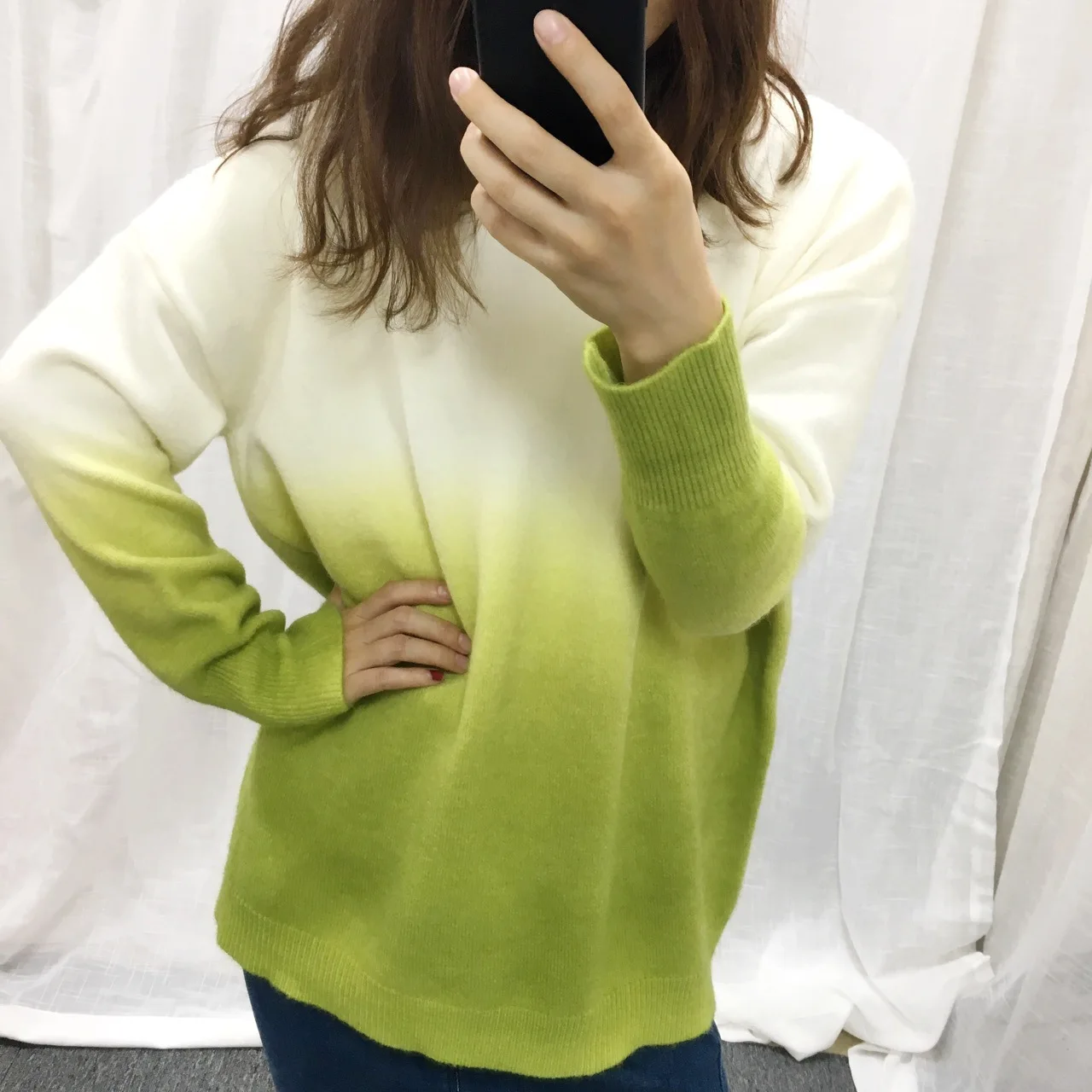 Loose Low Round Collar Gradient Set of Female Knit Print Green Jumper Woman Sweaters Pullover