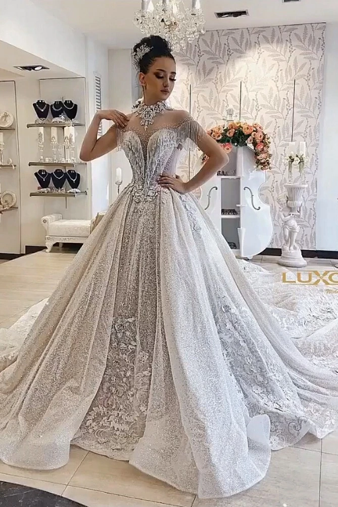 BacklakeGirls/Новинка года; стильные свадебные платья из вуали с высоким воротом и короткими рукавами; бальное платье с украшением в виде кристаллов; свадебное платье - Цвет: Pic Color