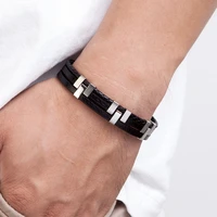 Black Brown Blue Color Three-Layer Stitching Accessories Stainless Steel Men’s Leather Bracelet Advanced Design Style Gift