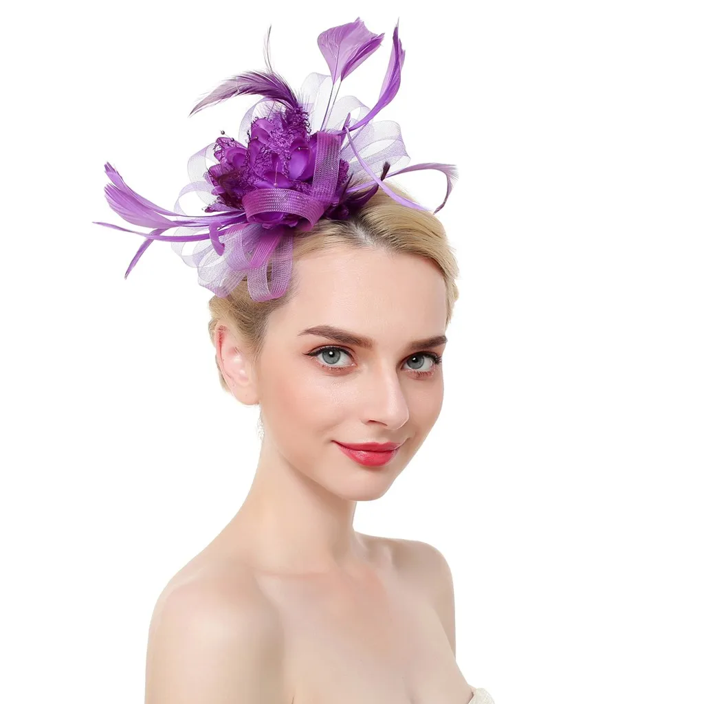 Women Mesh Ribbons Feathers Headband Cocktail Tea Party Hat Headwear For Women Jewelry 8.22