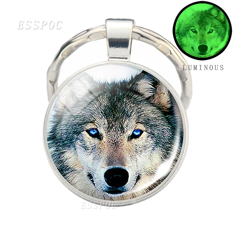 Glow in Dark Jewelry Howling Wolf Keychain Wolf Luminous Glass Cabochon Pendant Keyring Double Side Glass Ball Keychain