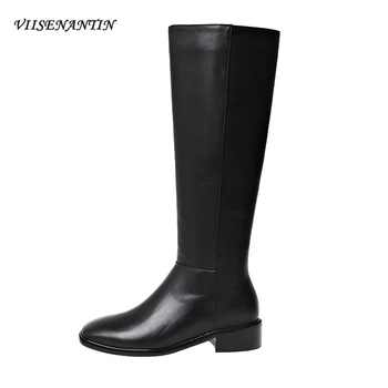 

Black Simple Knee Length Boots Female Autumn Winter Square Toe Boots Side Zipper Thick Heel High British Women Knight Boots