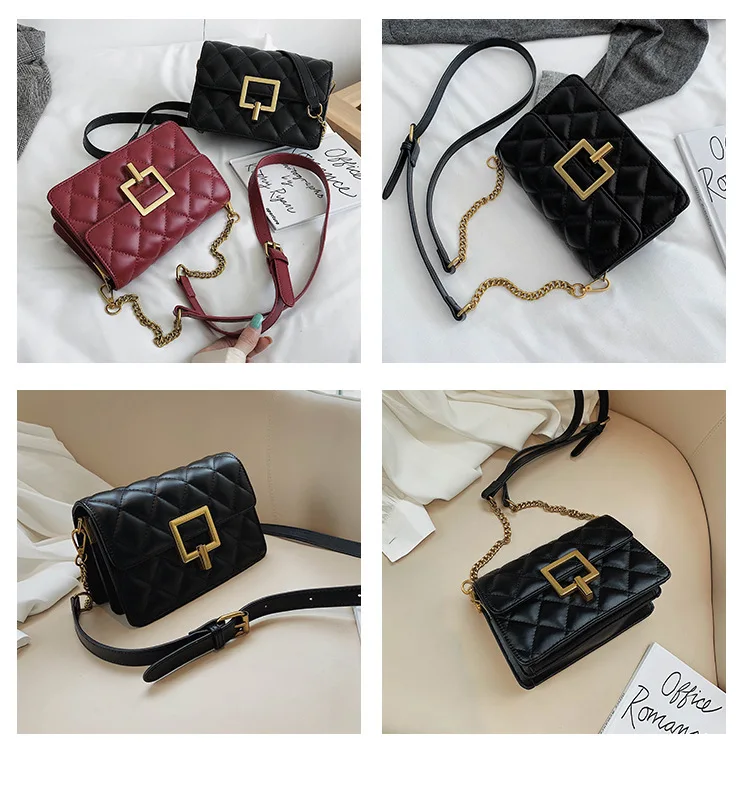 

2019 Autumn New Style WOMEN'S Bag Simple Solid Color Rhombus Car Suture Square Sling Bag Shoulder Bag Lock Oblique All-match Bag