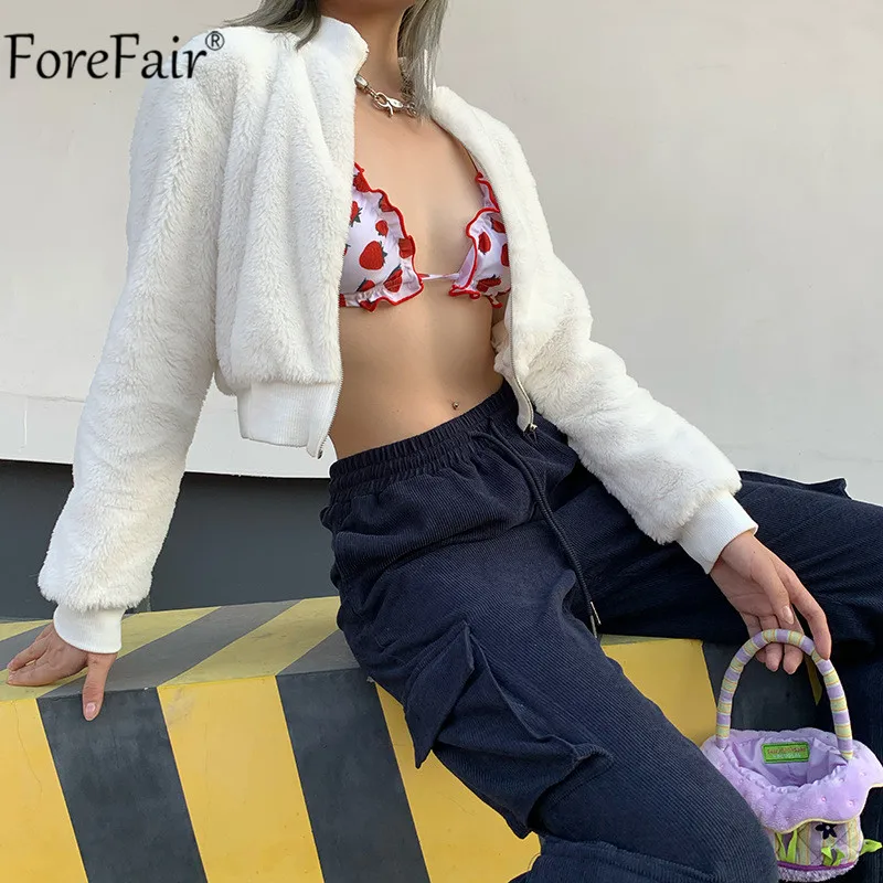 Forefair, белое меховое пальто из искусственного меха, Женская водолазка с длинным рукавом, Осень-зима, короткая теплая куртка на молнии, Женская Повседневная Уличная куртка