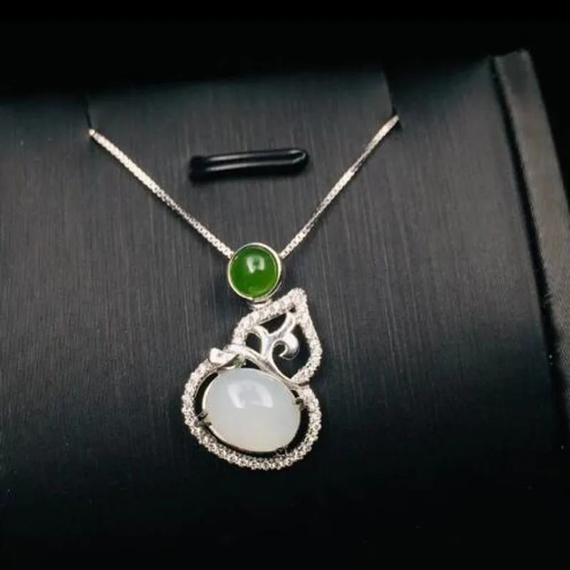 

Real 925 Silver White HeTian Jade Hollow Gourd Shape Design Lucky Pendant + Chain Necklace For Women Fine Jewelry