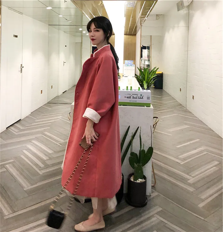 [EWQ] Autumn Winter New Korean Style Long-sleeved Stand Collar Pink Woolen Coat Sweet Plus Size Ladies Warm Overcoat QL488
