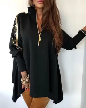 

2020 Sexy Sequins Patchwork Stand Zipper Design Blouse Coat Women Long Sleeve Winter Autumn Zipper Tops Casual Long Coats