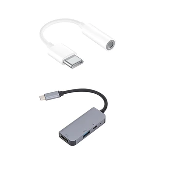 

3Pcs Type C to 3.5mm Headphone o Adapter & 1x USB3.1 Type-C to HDMI HUB DP Docking Station USB-C Interface Adapter