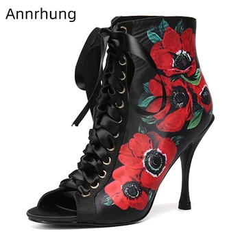 

Ribbon Lace Up Catwalk High Heels Women Floral Printed High Shoes Sexy Peep Toe Stiletto Heel Genuine Leather Shoes Woman