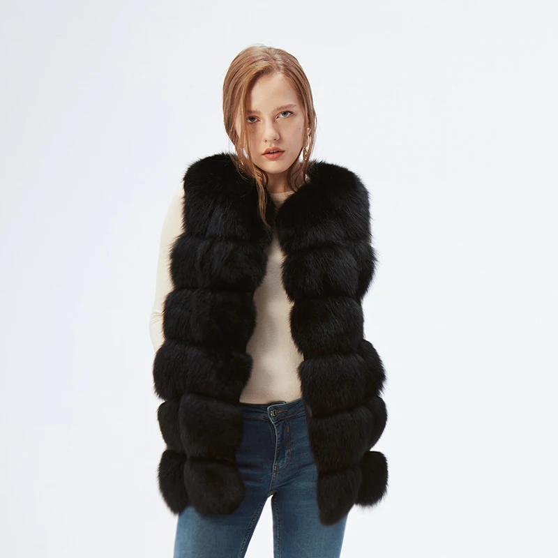Women 100% Real Vulpes Fox Fur Vest Sleeveless Gilet V-neck Thick Warm Waistcoat 