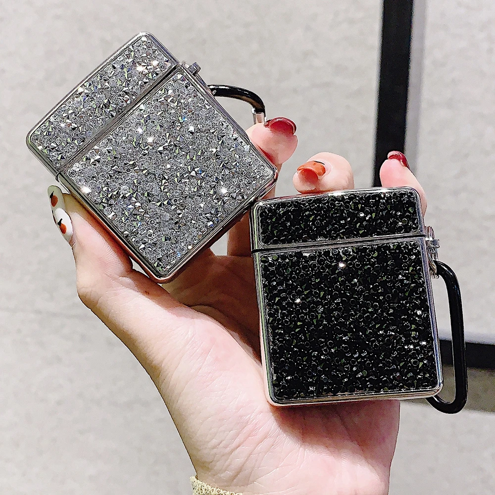 

Square Diamond for Airpod Case Glitter Matallic Cover with Buckle Jewelled Luxury for Apple for Air Pod 1 2 Black Hard Skin Box