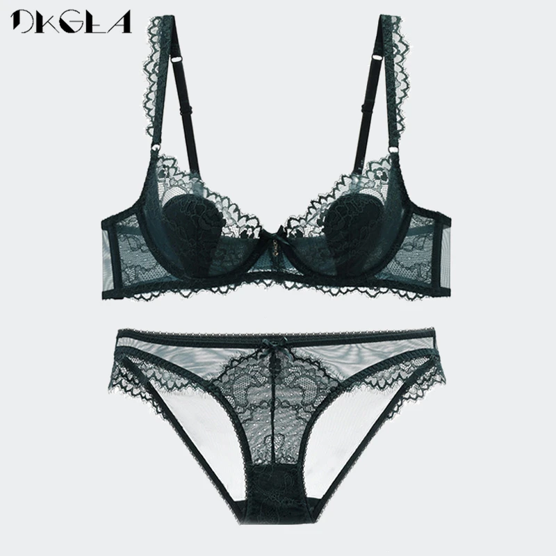 New Green Underwear Set Women Bra Push Up Brassiere Cotton Thick Black  Gather Sexy Bra Panties Sets Embroidery Lace Lingerie Set