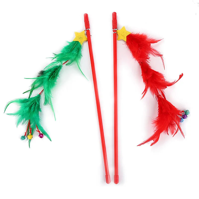 

Christmas Cat Toys With Bells Pet Interactive Feather Teaser Plastic Christmas Tree Shape Cat Catcher Teaser Stick Pet Supplies