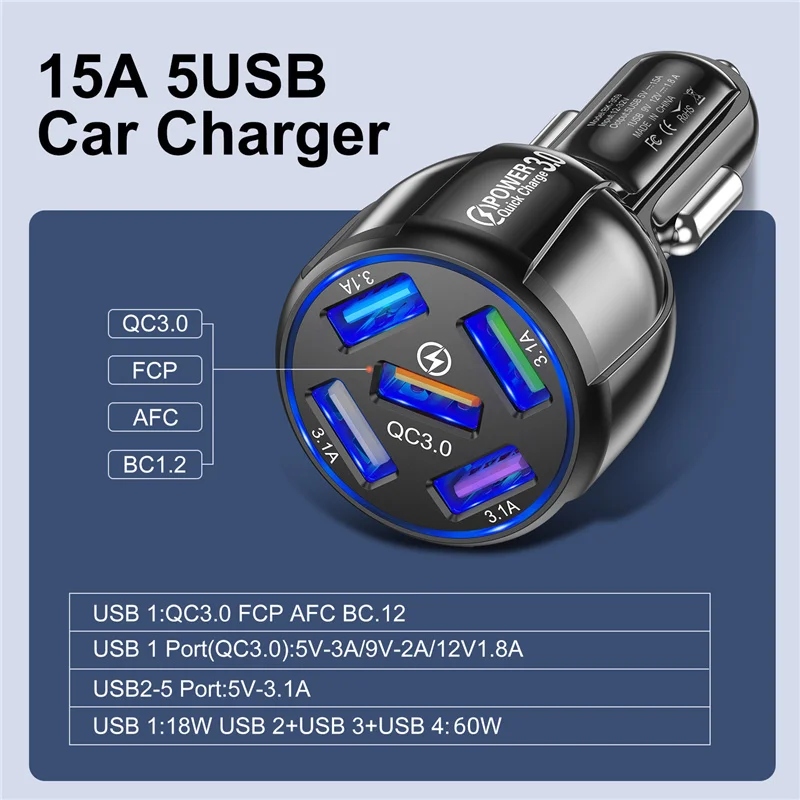 15A 5 Ports USB Car Charger Adapter for iPhone 12 Xiaomi Huawei Mobile Phone Tablet