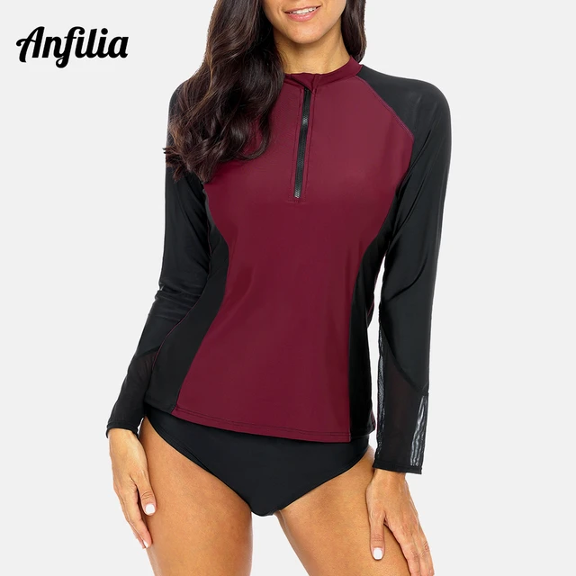 Anfilia Women Long Sleeve Front Zipper Rashguard Shirt Swimsuit