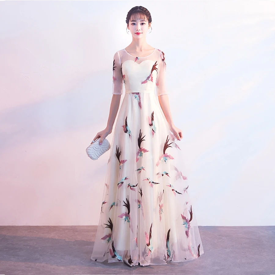 Вечернее платье с вышитыми цветами, кружевные женские вечерние платья, E421, длина до пола, Robe De Soire, круглый вырез, половина рукава, официальное платье