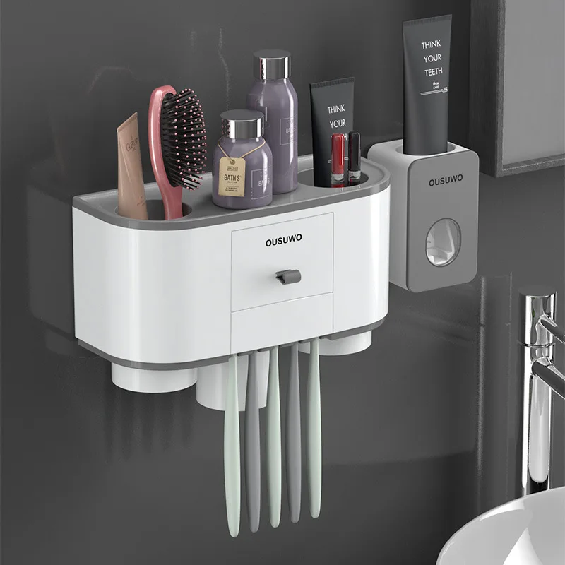 B-Three cups Gray Держатель для зубных щеток, автоматический дозатор для зубной пасты, соковыжималка для ванной комнаты, стеллаж для хранения, настенное крепление, набор аксессуаров для ванной комнаты - Цвет: B-Three cups Gray