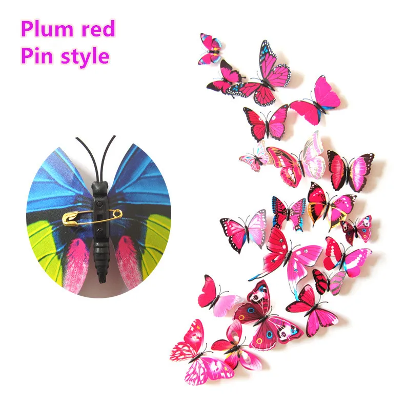 Plum red Pin style 12 шт./компл. красивые 3D настенное украшение в виде бабочки Стикеры для декора стен и Украшения в спальню ПВХ бабочки для холодильника Стикеры Украшения в спальню - Цвет: Plum red Pin style