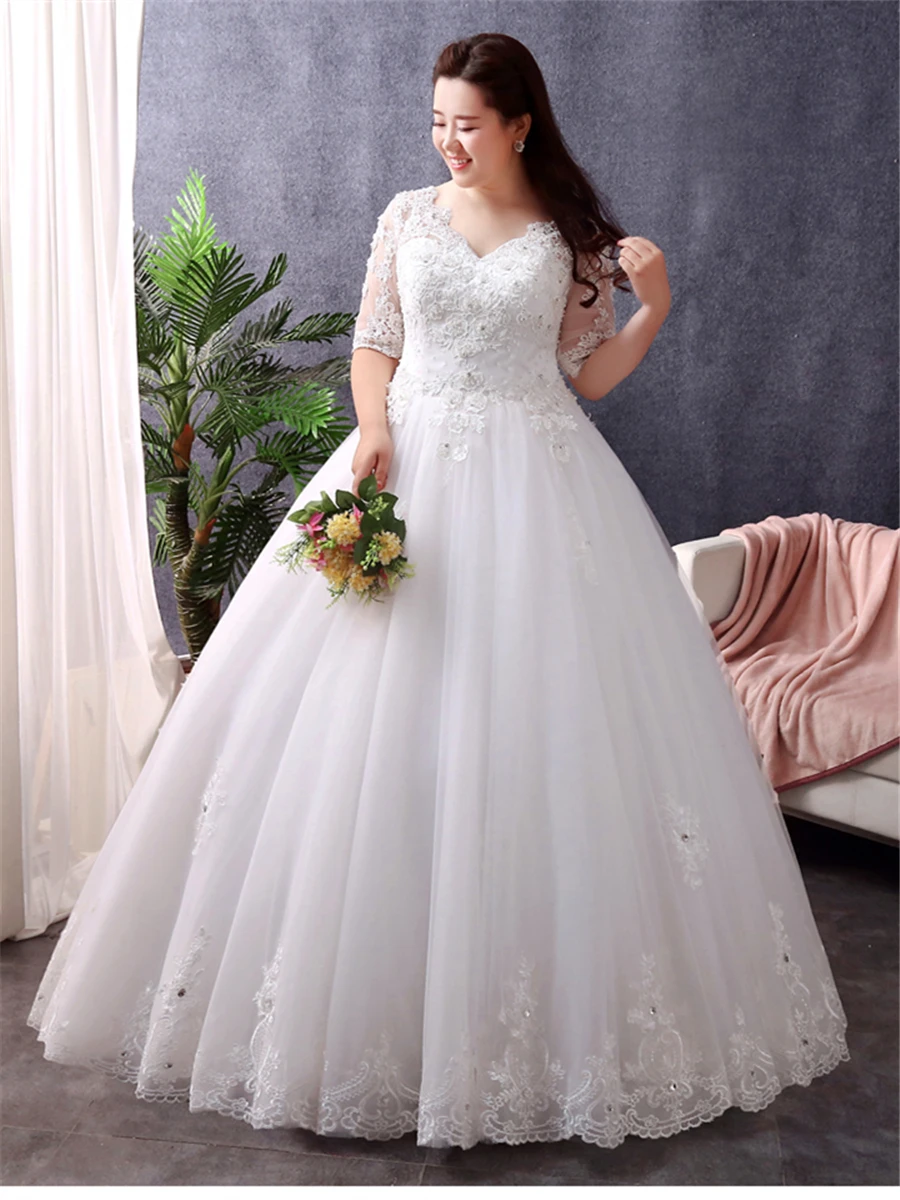 Свадебные платья с коротким рукавом v-образным вырезом размера плюс Vestido De Novia Кристальный цветок Элегантное белое свадебное платье T107