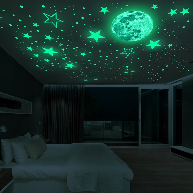 435pcs/set Luminous Wall Sticker Moon Stars Dots Green Children Room Ceiling Stairs Decoration Fluorescent Mural Decals 30cm 3