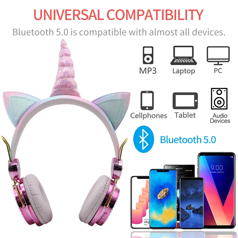 Unicorn Bluetooth 5 0 Kids Headphone With Mic Cute Cosque Girls Music Helmet Laptop Cascos Phone Gaming Headset Children Gifts