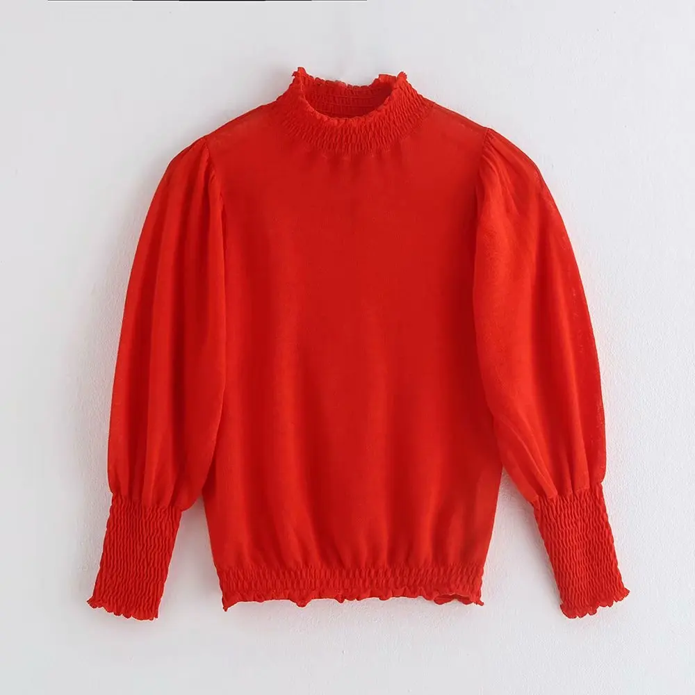

Solid Women Puff Sleeve Knitting Thin Sweater Turtleneck Short Tops 2019 Autumn Leisure Female Loose Pullovers SW619