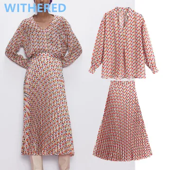 

Dave&Di england vintage Geometric print blusas mujer de moda 2020pleated midi skirt women faldas long skirts womens 2 pieces set