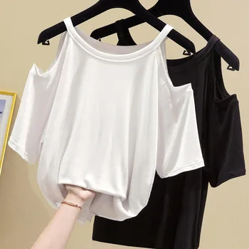 

Tops 2020 Summer Cold Shoulder T-Shirt Women Cotton Simple Basic Plain Solid Tees OverSize Casual Sexy Club Female Clothes Loose