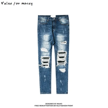 

Designer Fashion Men Ripped Biker Jeans Distressed Moto Denim Joggers Destroyed Knee black Leather Pleated Patch Jeans