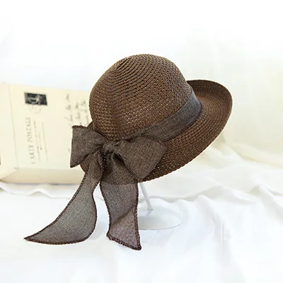 Deep Coffee Color Соломенная шляпа для женщин, летняя Соломенная пляжная шляпа с козырьком от солнца, складная универсальная шляпа с бантом, модная дикая шляпа - Цвет: Deep Coffee Color