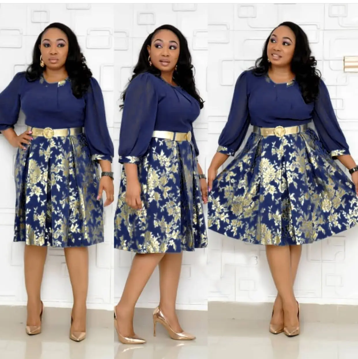 Cross-Border Sales of Small Floral Bronzing Upscale xue fang xiu Waist Hugging a-Style Hemline with Golden Large Waistband Dress